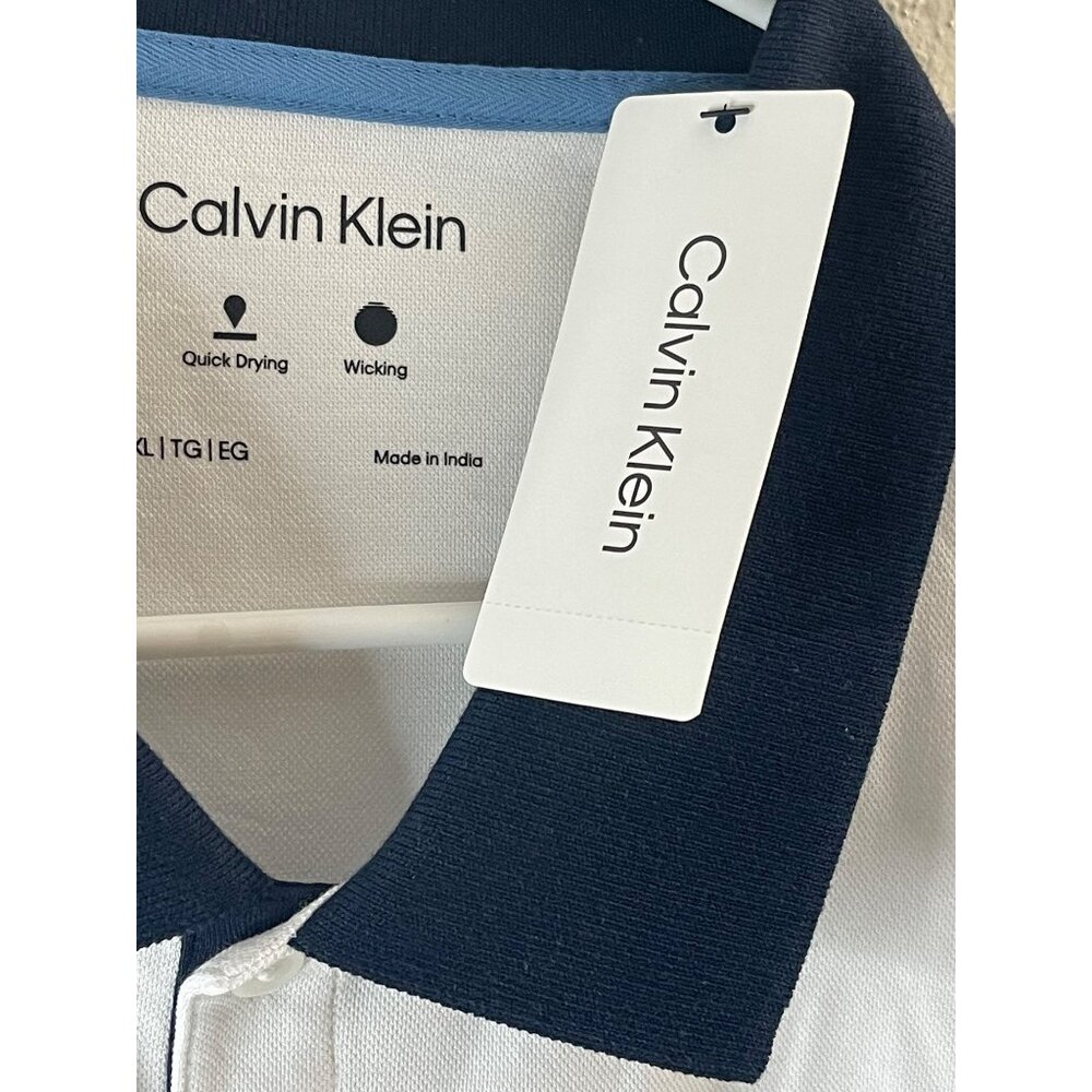 NWT Calvin Klein Mens Polo Shirt XL White & Blue Quick Dry Moisture-Wicking - Picture 8 of 12